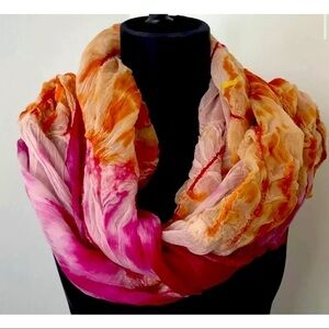 Masino by TDM Design Pink Orange Silk Wool Batik Chiffon Handmade Tie Dye Scarf